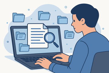 DMS Document Management System concept. Man using laptop to search and manage document database files. Corporate information and enterprise data archiving technology illustration.