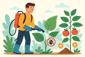 Pest control and plant nutrition concept. Farmer sprays fertilizer and pesticide on tomato crops. Gardener protecting vegetables from insects. Agriculture and farming vector art.