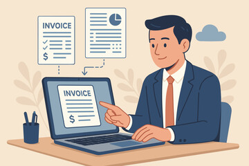 E-invoice and online digital statements concept. Businessman working with electronic bill and digital invoice management system on computer for online payment, budget and finance.