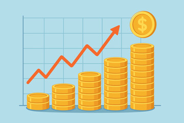 Financial growth concept with coin stacks and upward graph arrow. Business investment profit and success. Economy increase, money savings. Vector illustration of market report.