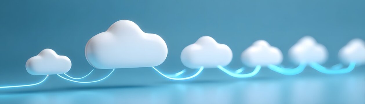 A series of white cloud icons connected by glowing lines, symbolizing cloud computing or data networking on a blue background.