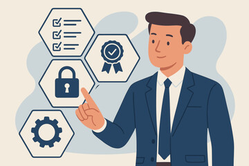 ISO 27001 information security management system. Businessman expert and ISMS icons. Cybersecurity standard for requirements, certification, audit, compliance and data protection.