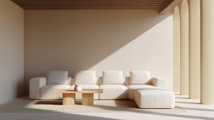 An airy sun-drenched living room with an inviting modular couch, wooden table radiates minimalist elegance and calm in a contemporary home interior.