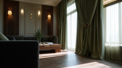 Fototapeta premium Modern living room interior design with dark green curtains, wooden floors, and a comfortable sofa. Sunlight streams through the windows, creating a warm and inviting atmosphere.