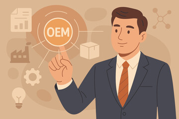 OEM Original Equipment Manufacturer concept. Businessman touching virtual screen with OEM icon. Strategy for planning product and brand production. Business technology and industry.