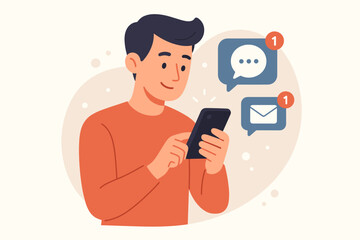 New notification concept. Man using smartphone with incoming message and email reminders. Social media alerts and chat bubble icons. Modern flat vector cartoon illustration.