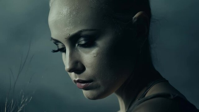 Woman sweating and looking down