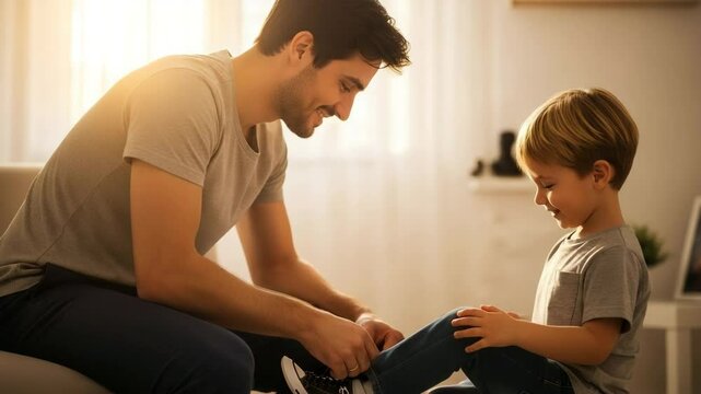 Young dad helps son tie shoes in warm morning light before school with an emotional connection