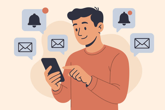 Man using smartphone with new message notifications. Incoming email, chat, and reminder alert icons. Social media communication concept. Modern flat vector cartoon illustration.