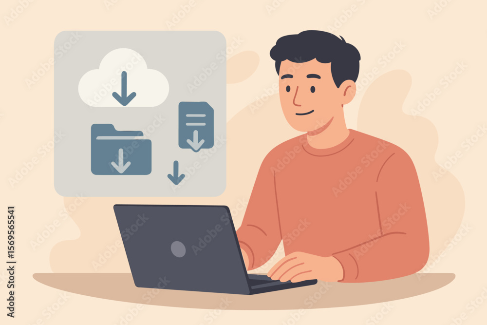 Poster man with laptop downloading files. cloud computing technology concept. data storage and information 