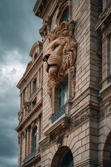 Architectural detail featuring a lion sculpture on a historic building facade