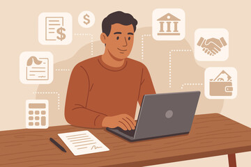 Personal loan and financial concept. Man using laptop for online banking, filling out credit application form. Financial loan agreement. Digital money management and fintech vector.