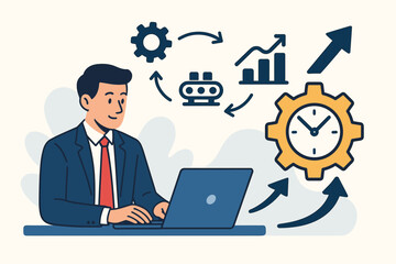 Businessman with laptop and productivity icons for industrial management. Concept of increasing efficiency, workflow optimization, and effective process. Business growth and automation.