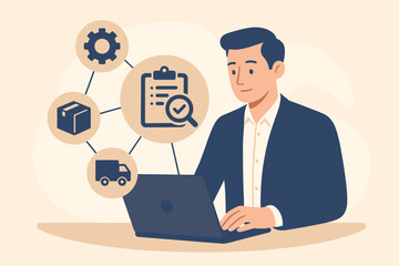 Procurement management and supply chain concept. Businessman with laptop managing retail logistics, sourcing, and inventory. Purchasing, delivery, and vendor network cartoon vector.