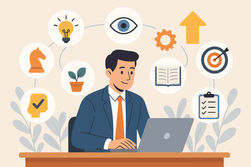 Personal growth concept. Businessman with laptop developing skills for career success. Icons for training, learning, vision, strategy, goals, motivation and planning. Vector illustration.