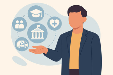 Public sector concept with icons. Government, education, health and municipal services. State support for people, society and community. Citizen infrastructure and welfare vector.