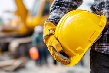 A close-up shot of a worker's hand holding a yellow safety helmet. Generative AI
