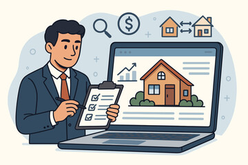 Real estate business management concept. Property analysis, home inspection checklist, and mortgage approval. Agent helps buy, sell, and invest in houses online. Vector illustration.