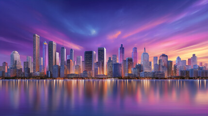 Obraz premium Colorful city skyline showcases tall buildings against stunning sunset. Calm water reflects vibrant hues, creating serene atmosphere. Concept of urban landscape, architecture, tourism