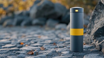 Illuminated Security Bollard Protecting a Public Space with Cobblestone Ground