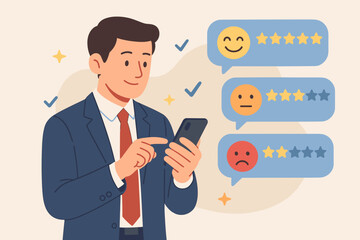 Businessman Using Smartphone for Customer Feedback Review, User Experience Rating, Online Survey, Satisfaction Evaluation, Star Ratings, Modern Flat Vector, Client Opinion, Digital Review Concept