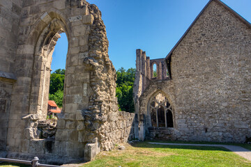 Medieval ruins of the Cistercian Walkenried Monastery in Lower Saxony, Germany. Gothic arches,...