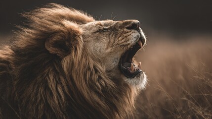 Naklejka premium close-up of lion roaring with mane blowing, color tones: golden tawny, dark brown, and savannah tan