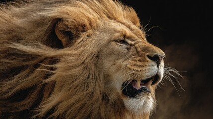 Naklejka premium close-up of lion roaring with mane blowing, color tones: golden tawny, dark brown, and savannah tan