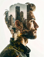 Double exposure of a man with city skyline urban setting photography reflective environment profile view city life concept