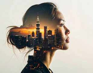 Cityscape reflection woman‚Äôs double exposure urban landscape photography evening glow profile view surreal concept