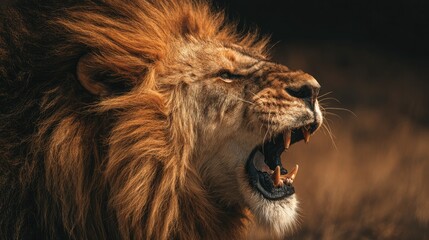 close-up of lion roaring with mane blowing, color tones: golden tawny, dark brown, and savannah tan