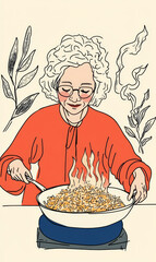 vector Illustration of a Old mom frying fried rice on a pan with fire stove, chinese style