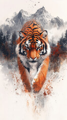 A tiger in a landscape background, full body photo walking beautifully, Chinese style ink wash oil painting picture
