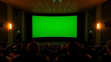 Audience watches film on green screen in dark movie theater interior.