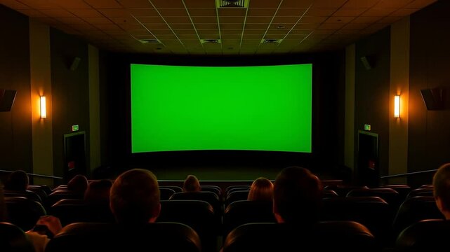 Audience watches film on green screen in dark movie theater interior.