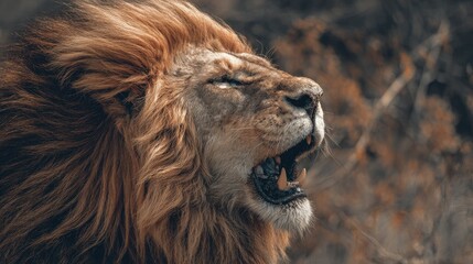 Naklejka premium close-up of lion roaring with mane blowing, color tones: golden tawny, dark brown, and savannah tan