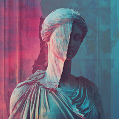 cinematic photography of a Statue half face peeled, dual toine cyan and pink