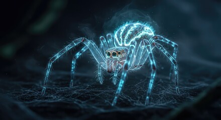Bioluminescent Electric Spider in High Detail on Web, Glowing Spider Crawling in Electric Mist.