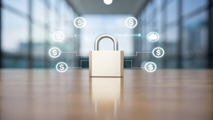 Fototapeta premium Digital wallet concept with padlock symbolizing security and financial protection in modern office setting