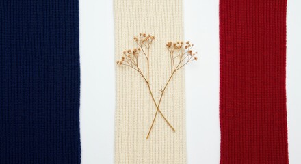 Knitted Fabric in French Flag Colors with Dried Flowers on White Background.