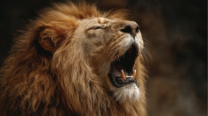 Obraz premium close-up of lion roaring with mane blowing, color tones: golden tawny, dark brown, and savannah tan