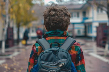 Fototapeta premium Smiling First Year Pupil Walking to School with Backpack on First of September