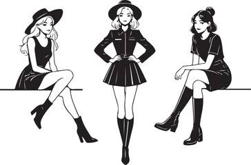Three stylish women in black outfits and hats fashion dresses