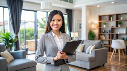 Portrait of smiling Vietnamese realtor woman holds folder, look at camera stands in modern living room. Professional real estate agent showcasing new property, selling luxury property, bank mortgage