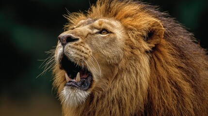 Obraz premium close-up of lion roaring with mane blowing, color tones: golden tawny, dark brown, and savannah tan