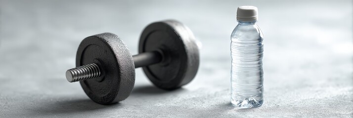 Promoting a healthy lifestyle with exercise and hydration, a dumbbell rests beside a refreshing bottle of water, encouraging fitness enthusiasts to prioritize their well being