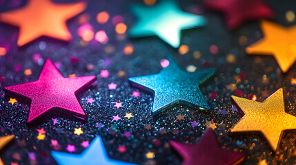 Colorful stars and glitter background. Festive and celebratory theme.