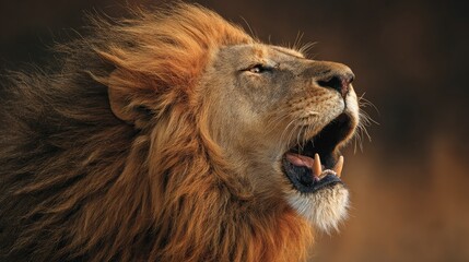 close-up of lion roaring with mane blowing, color tones: golden tawny, dark brown, and savannah tan