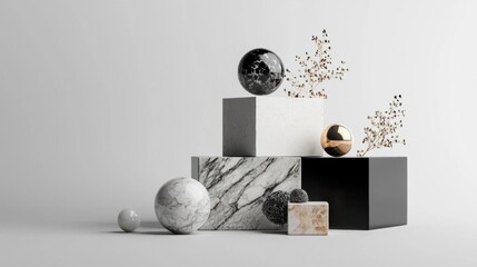 Collection of modern and minimalistic objects arranged on a white background. there are three objects in the image - a black and white marble cube, a black sphere, and a gold sphere.