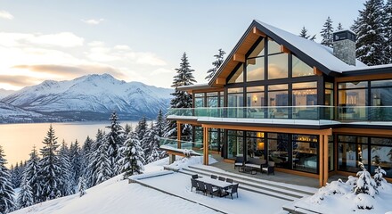 Modern luxury mountain home overlooking snowy lake and majestic peaks